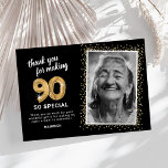 Modern 90th Adult Birthday Photo Thank You Card<br><div class="desc">Elegant ninetieth birthday party thank you cards featuring a stylish black background that can be changed to any colour,  a photo of the birthday girl / boy,  gold sparkly glitter,  ninety gold hellium balloons,  and a modern thank you template that is easy to personalise.</div>
