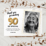 Modern 90th Adult Birthday Photo Thank You Card<br><div class="desc">Elegant ninetieth birthday party thank you cards featuring a simple white background that can be changed to any colour,  a photo of the birthday girl / boy,  gold sparkly glitter,  ninety gold hellium balloons,  and a modern thank you template that is easy to personalise.</div>