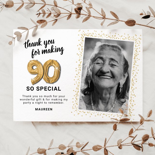 Modern 90th Adult Birthday Photo Thank You Card (Creator Uploaded)