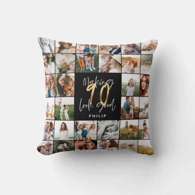 Modern 90th birthday multi photo script gift cushion (Front)