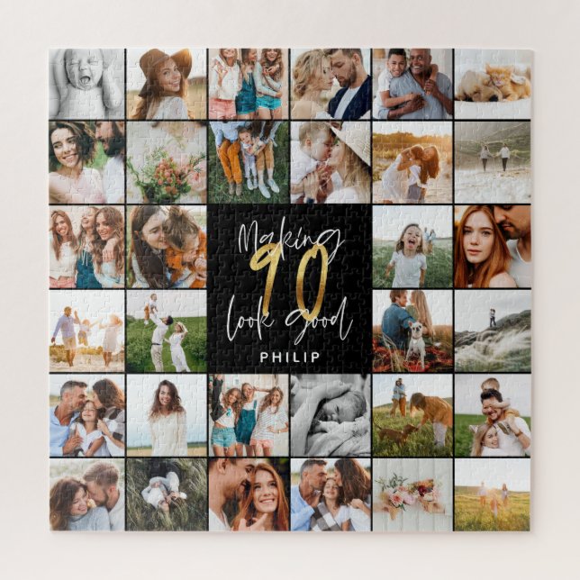 Modern 90th birthday multi photo script gift jigsaw puzzle (Vertical)