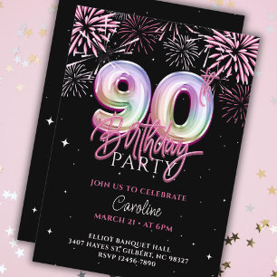 Modern 90th Pink Foil Balloon Fireworks Birthday Invitation