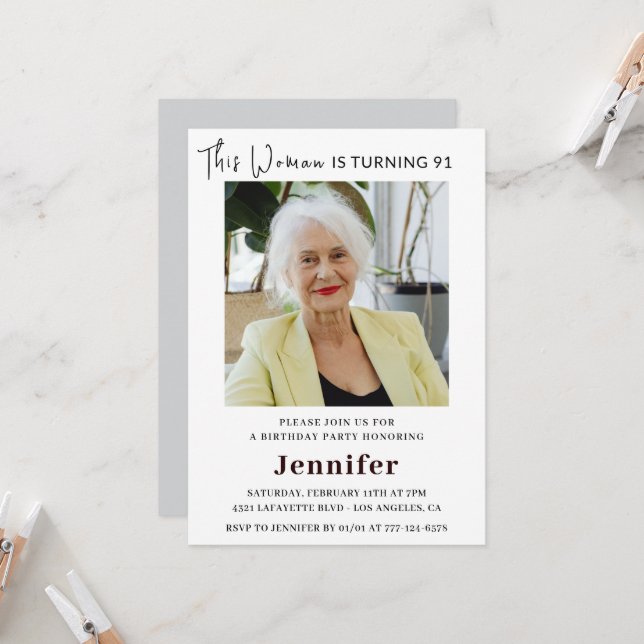 Modern 91st birthday invitations for her Photo (Front/Back In Situ)
