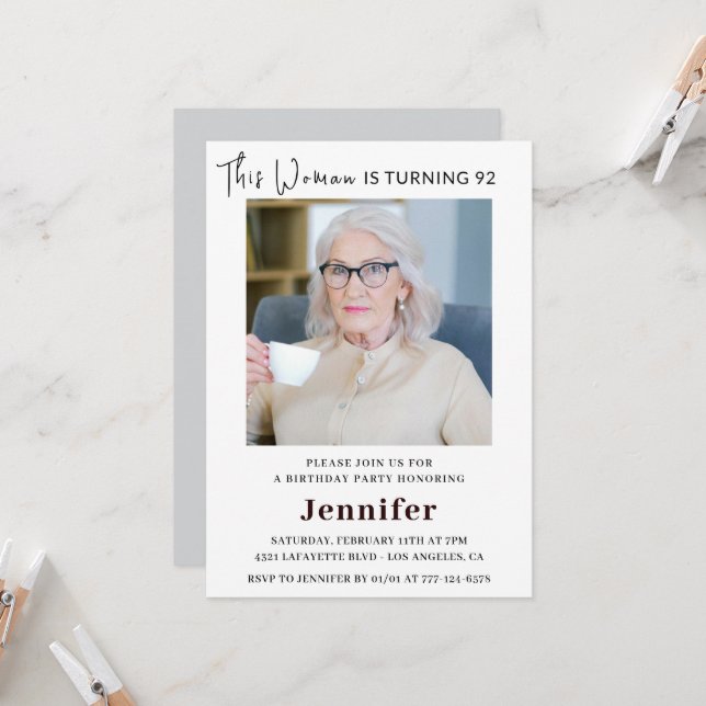 Modern 92nd birthday invitations for her Photo (Front/Back In Situ)