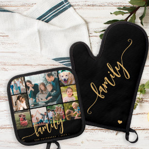 Modern 9 photo collage family gold script black oven mitt & pot holder set