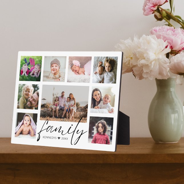 Modern 9 Photo Collage Family Name Black And White Plaque (Creator Uploaded)