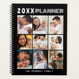 Modern 9 Photo Collage Family Name Black Planner