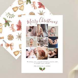 Modern 9 Photo Collage Merry Christmas Holiday Card