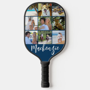 Modern 9 Photo Collage Script Name Custom Colour Pickleball Paddle