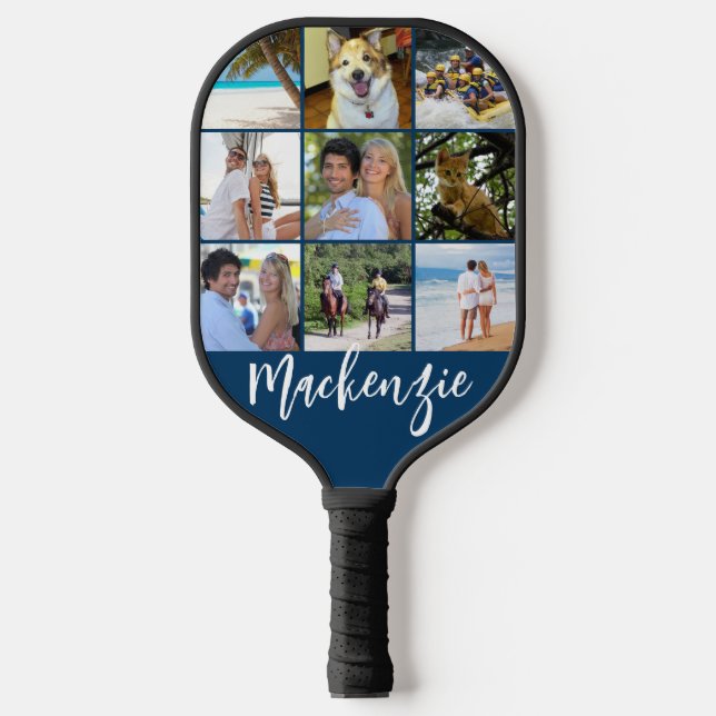 Modern 9 Photo Collage Script Name Custom Colour Pickleball Paddle (Front)