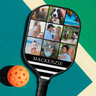 Modern 9 Photo Collage Stripes Name Custom Colour Pickleball Paddle
