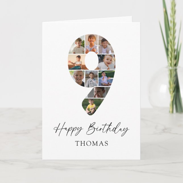 Modern 9th Birthday Photo Collage Card (Front)