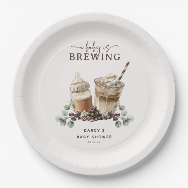 Modern 'a Baby is Brewing' Coffee Baby Shower Paper Plate (Front)