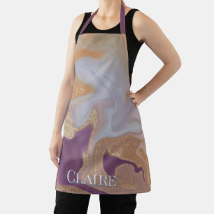 Modern Abstract Alcohol Ink Purple & Gold Monogram Apron