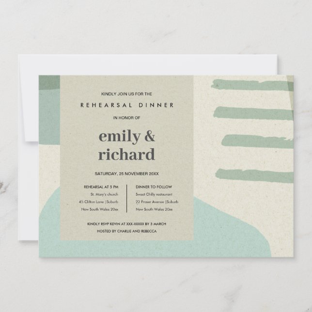 MODERN ABSTRACT AQUA BLUE ART REHEARSAL DINNER INVITATION (Front)