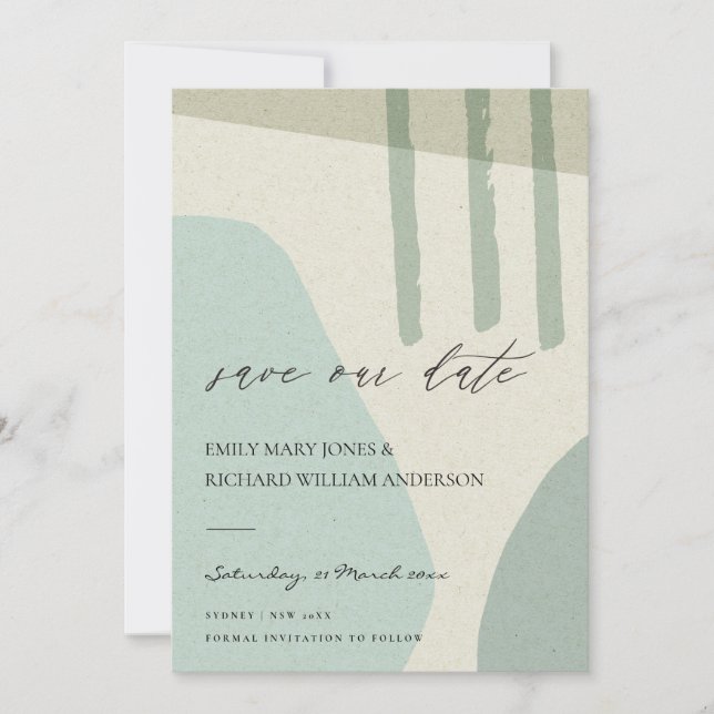 MODERN ABSTRACT AQUA BLUE KRAFT ARTISTIC ART SAVE THE DATE (Front)