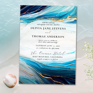 Modern Abstract Aqua Gold Ocean Wave Beach Wedding Invitation