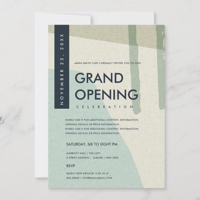 MODERN ABSTRACT ART AQUA BLUE GRAND OPENING EVENT INVITATION (Front)