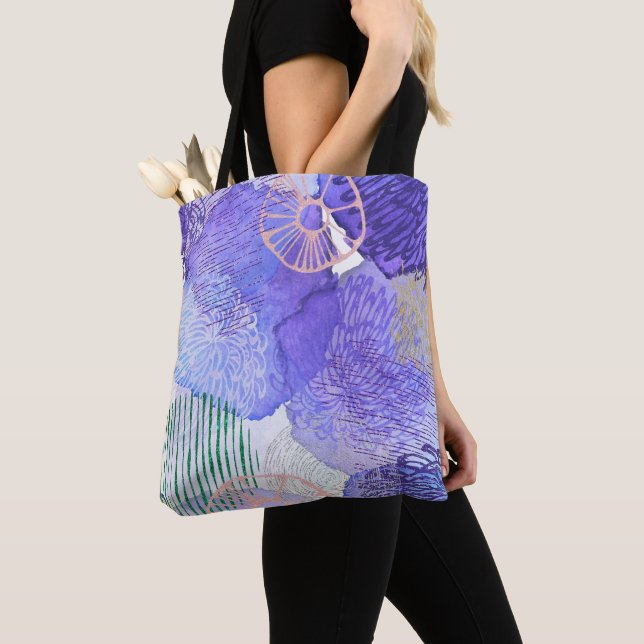 Modern abstract art blue and purple tote bag (Close Up)