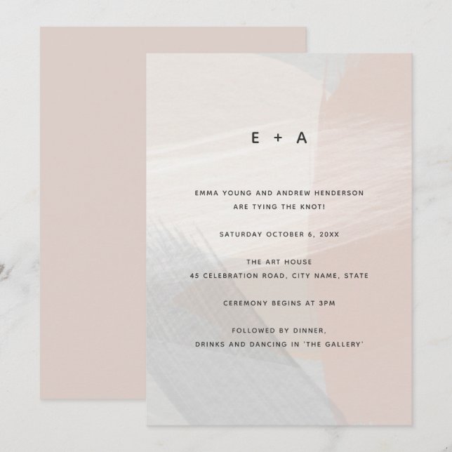 Modern Abstract Art Brush Strokes Blush Wedding Invitation (Front/Back)