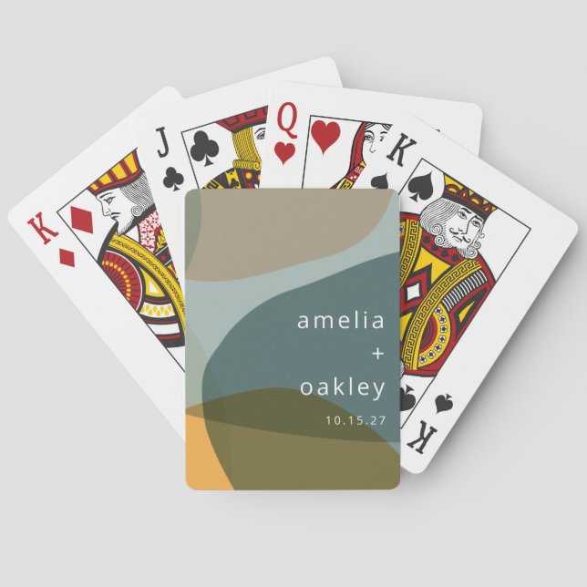 Modern Abstract Art Green Sage Teal Custom Wedding Playing Cards (Back)