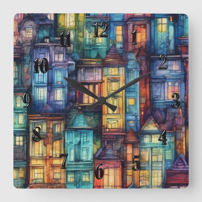 Modern Abstract Art Houses Watercolor Colourful Square Wall Clock (Front)