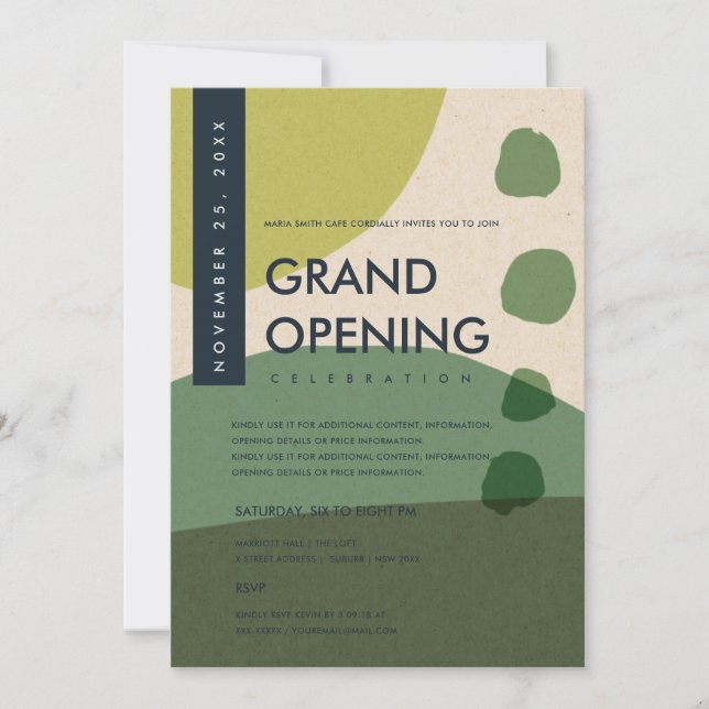 MODERN ABSTRACT ART LIME GREEN GRAND OPENING EVENT INVITATION (Front)
