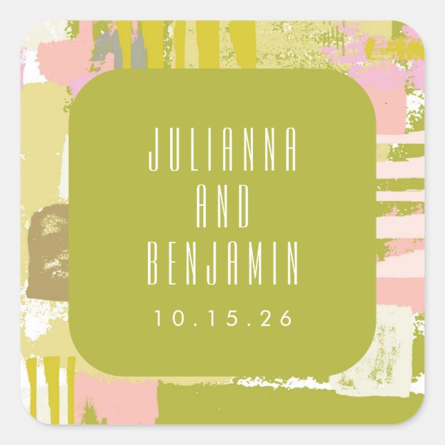 Modern Abstract Art Lime Green Pink Wedding Custom Square Sticker (Front)