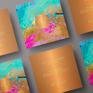 Modern abstract art painting copper gold monogram square business card