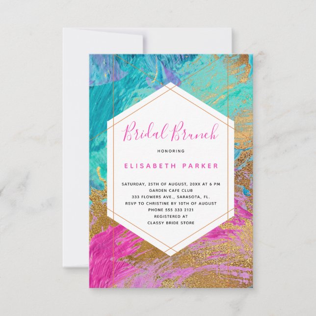 Modern abstract art pink teal gold bridal shower invitation (Front)
