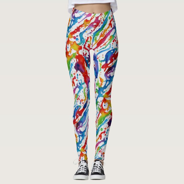 Modern Abstract Art Rainbow Colour Paint Splatters Leggings (Front)