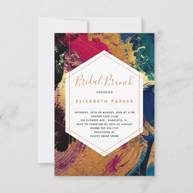 Modern abstract art red blue gold bridal shower invitation (Front)