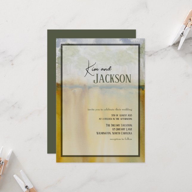 Modern Abstract Art Watercolor Wedding Invitation (Front/Back In Situ)