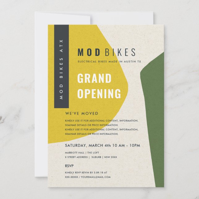 Modern Abstract Art Yellow Green Grand Opening Invitation (Front)
