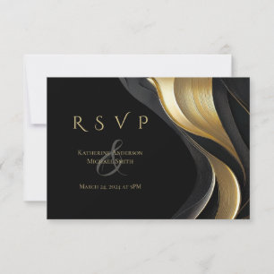 Modern Abstract Black and Gold Elegant Wedding RSVP Card