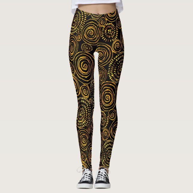 Modern Abstract Black and Gold Geometric Pattern Leggings (Front)
