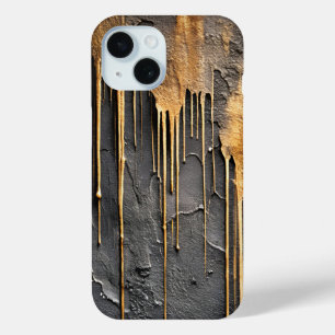 Modern Abstract Black and Metallic Gold Drips iPhone 15 Case