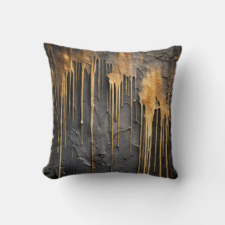 Modern Abstract Black and Metallic Gold Drips Cushion