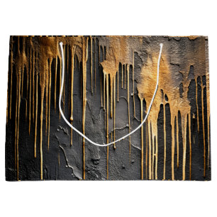 Modern Abstract Black and Metallic Gold Drips Large Gift Bag