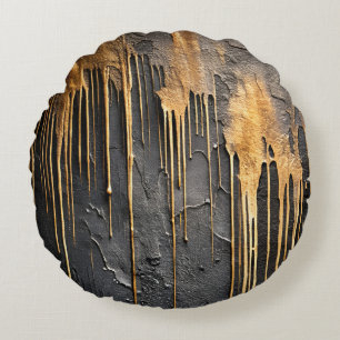 Modern Abstract Black and Metallic Gold Drips Round Cushion