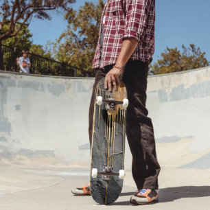 Modern Abstract Black and Metallic Gold Drips Skateboard