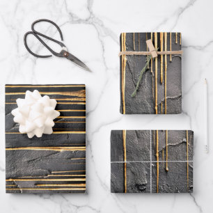 Modern Abstract Black and Metallic Gold Drips Wrapping Paper Sheet