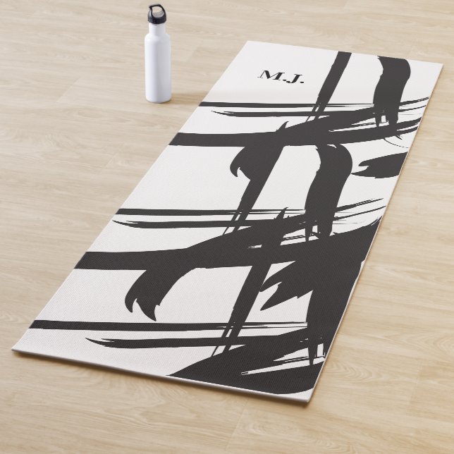 Modern Abstract Black and White Monogram Initial Yoga Mat (In Situ)