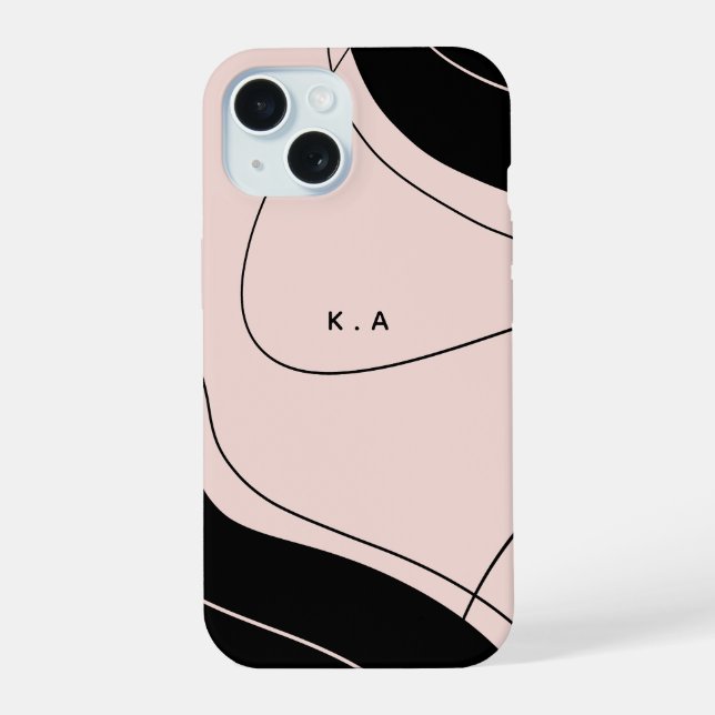 Modern Abstract Black & Cream Custom Initials iPhone 15 Case (Back)