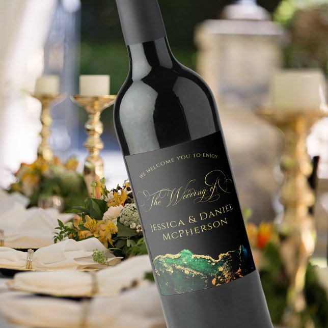 Modern Abstract Black Green Gold Wedding Wine Label (Modern Abstract Black Green Gold Wedding Wine Label)