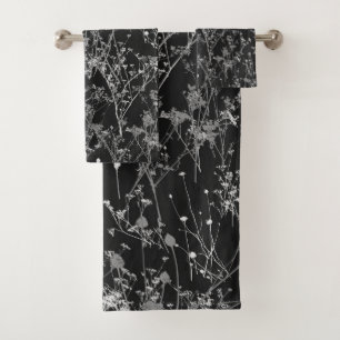 Modern Abstract Black Grey Wildflowers Bath Towel Set