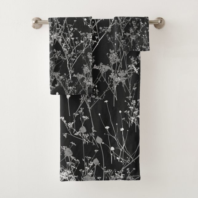 Modern Abstract Black Grey Wildflowers  Bath Towel Set (Insitu)