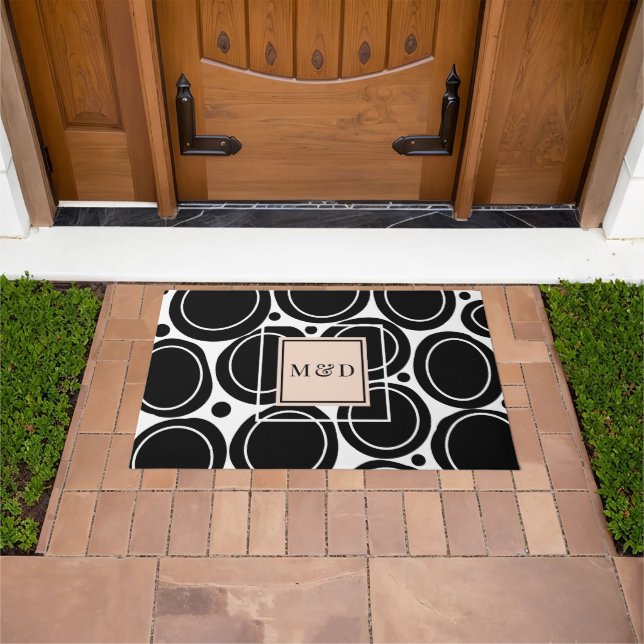 Modern Abstract Black White Blush Pink Monogram  Doormat (Outdoor)
