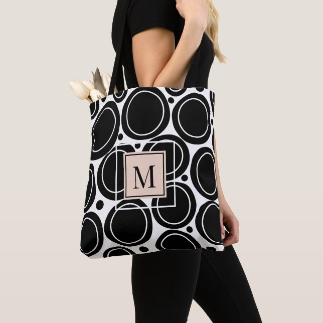 Modern Abstract Black White Blush Pink Monogram  Tote Bag (Close Up)