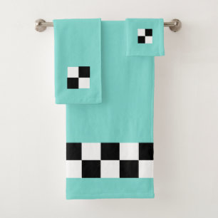Modern Abstract Black & White Chequered on Teal Bath Towel Set